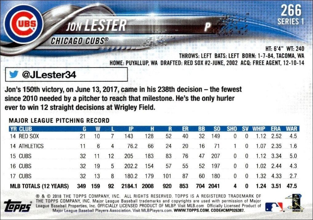 2018 Topps Jon Lester #266 baseball trading card back