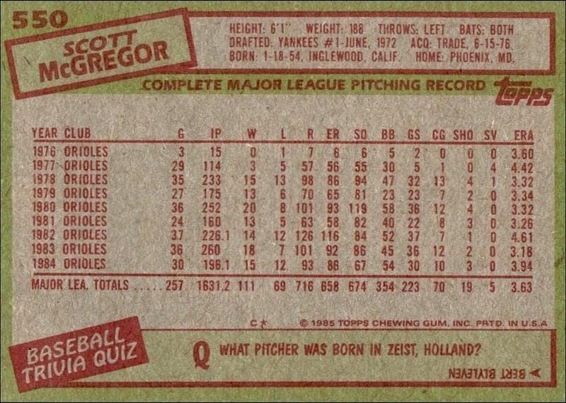 1985 Topps Scott McGregor #550 baseball trading card back