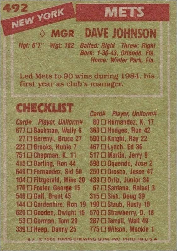 1985 Topps Dave Johnson #492 baseball trading card back