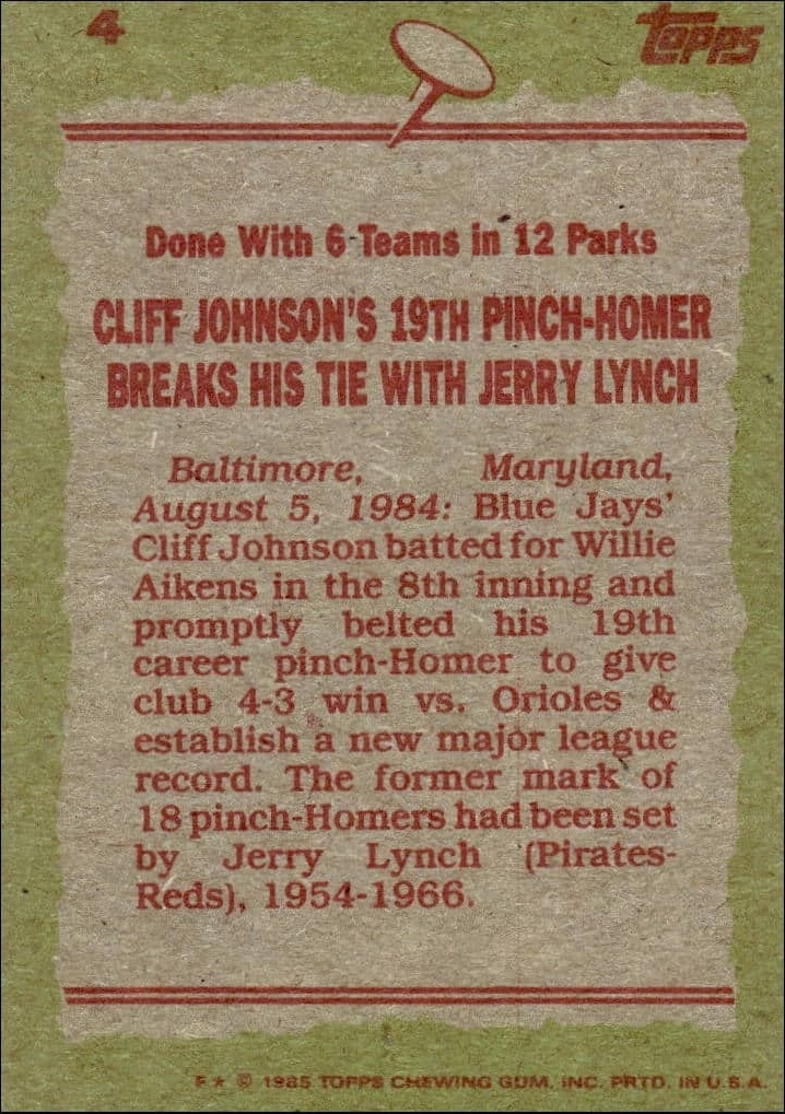 1985 Topps Cliff Johnson #4 baseball trading card back