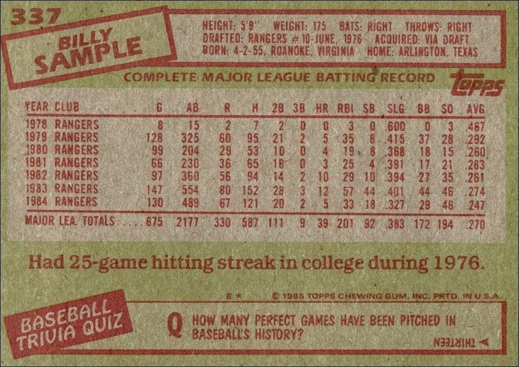 1985 Topps Billy Sample #337 baseball trading card back