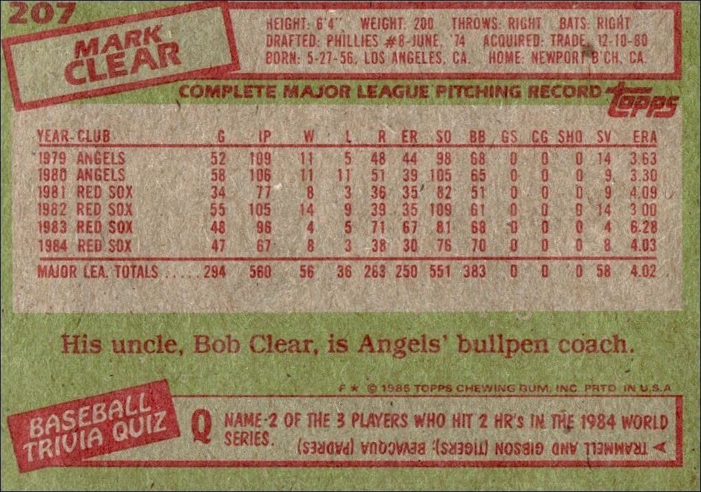 1985 Topps Mark Clear #207 baseball trading card back