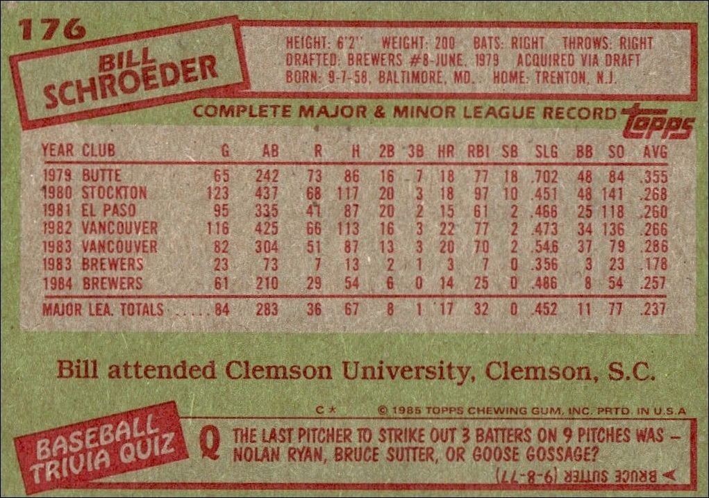 1985 Topps Bill Schroeder #176 baseball trading card back