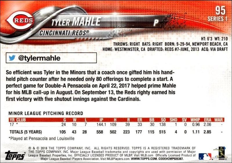 2018 Topps Tyler Mahle #95 baseball trading card back