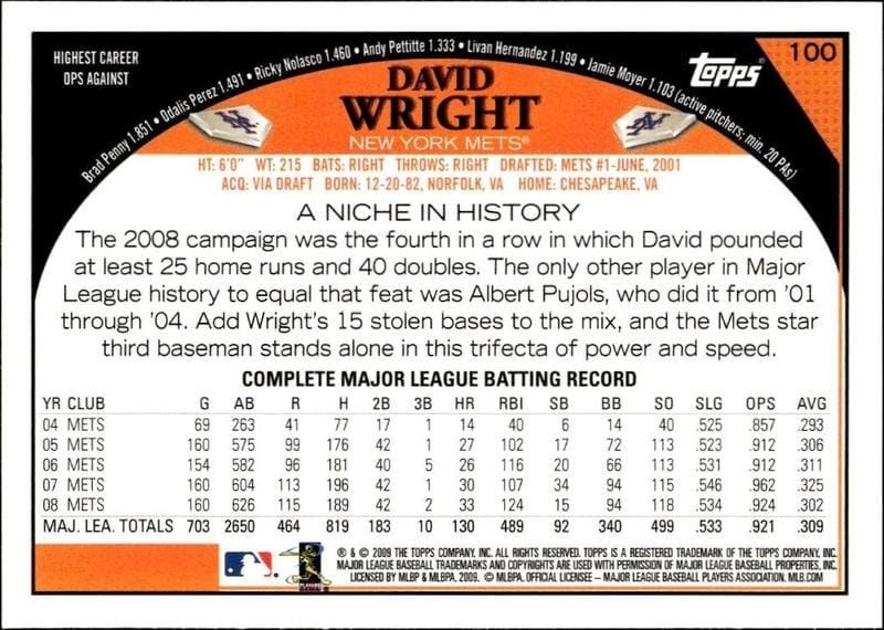 2009 Topps David Wright #100 baseball trading card back