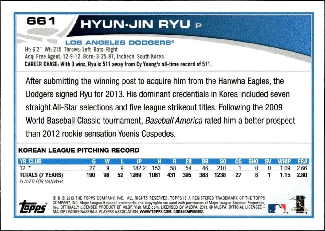 2013 Topps Chrome Hyun-Jin Ryu #25 baseball trading card back