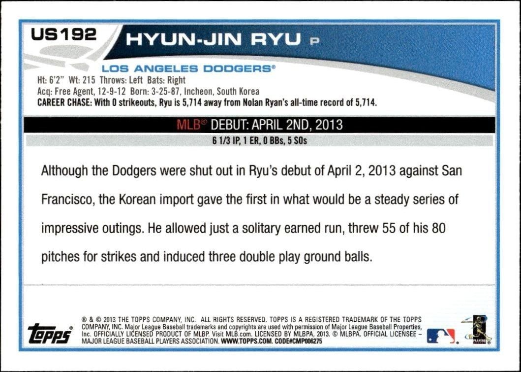2013 Topps Update Hyun-Jin Ryu #US192 baseball trading card back