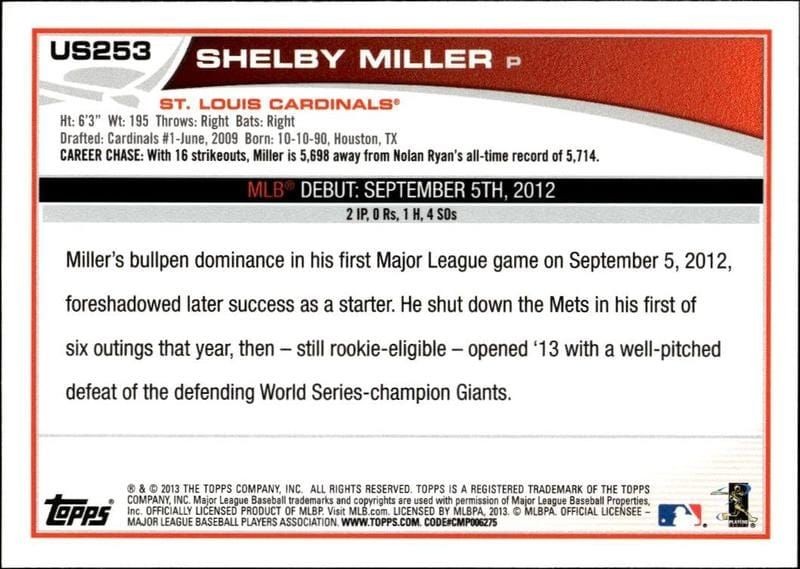 2013 Topps Update Shelby Miller #US253 baseball trading card back