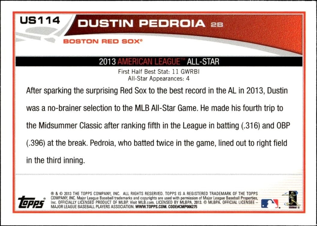 2013 Topps Update Dustin Pedroia #US114 baseball trading card back
