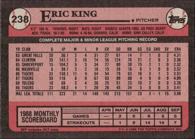 1989 Topps Eric King #238 baseball trading card back