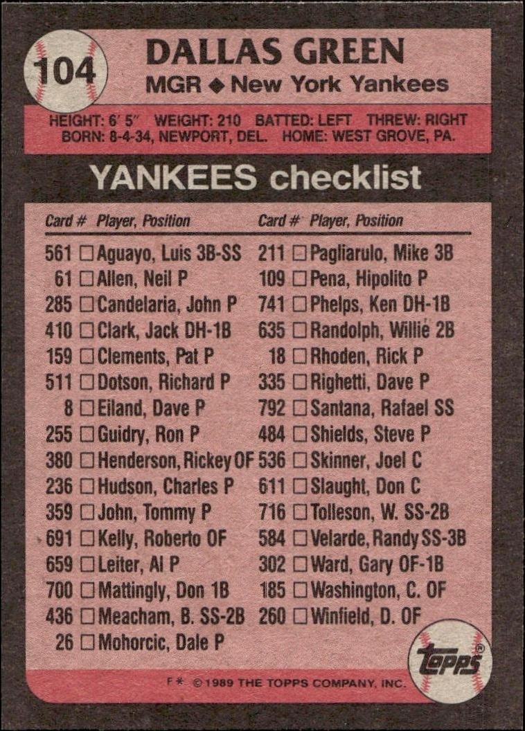 1989 Topps Green Dallas Green #104 baseball trading card back