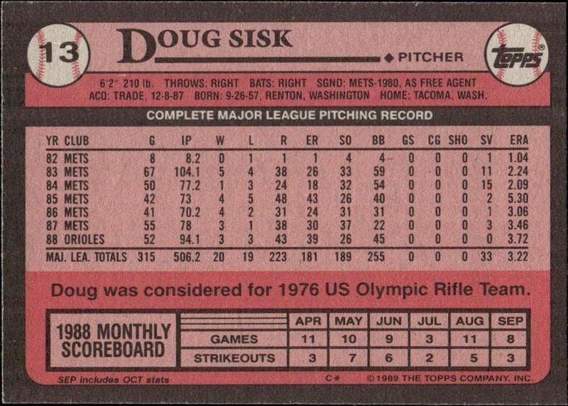 1989 Topps Doug Sisk #13 baseball trading card back