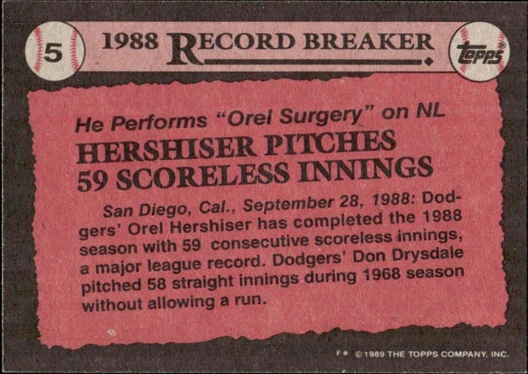1989 Topps Orel Hershiser #5 baseball trading card back