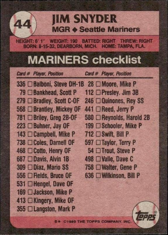 1989 Topps Jim Snyder #44 baseball trading card back
