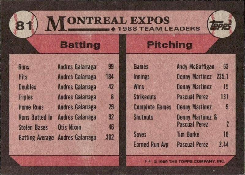1989 Topps Expos Leaders #81 baseball trading card back