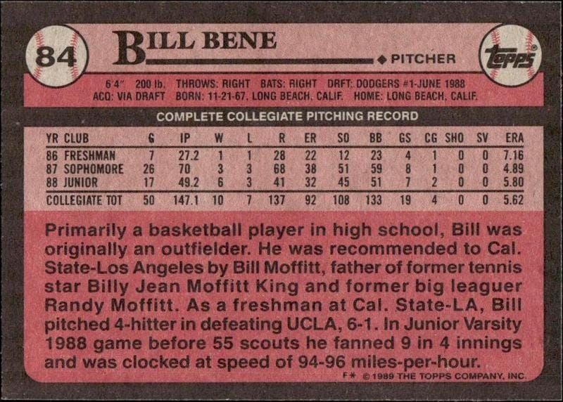 1989 Topps Bill Bene #84 baseball trading card back