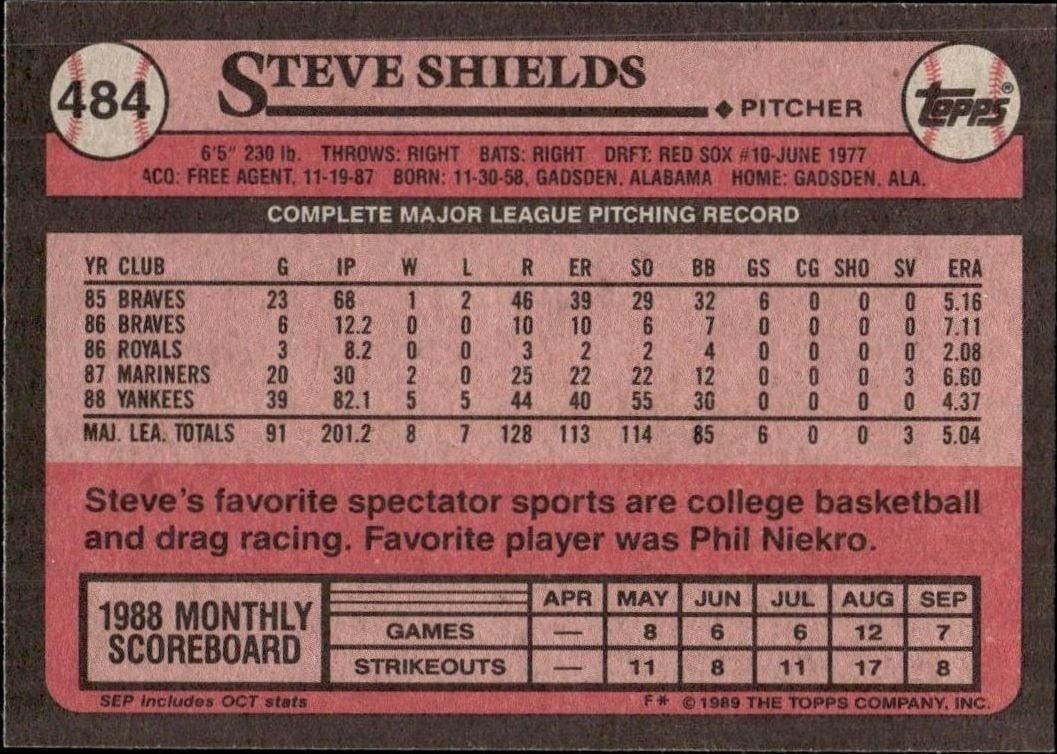 1989 Topps Steve Shields #484 baseball trading card back