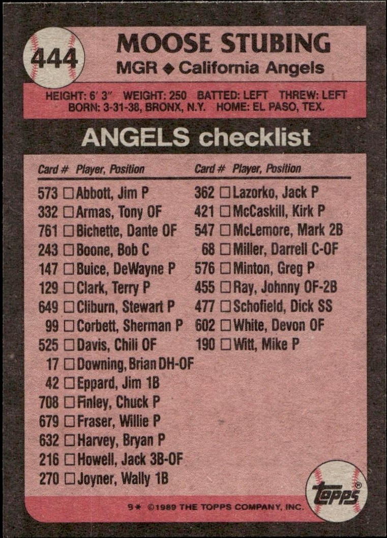 1989 Topps Moose Stubing #444 baseball trading card back