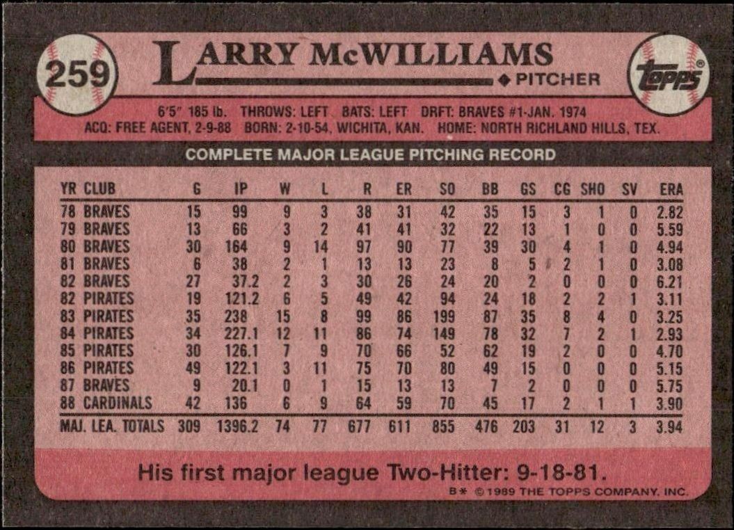 1989 Topps Larry McWilliams #259 baseball trading card back