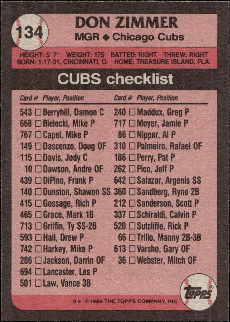 1989 Topps Don Zimmer #134 baseball trading card back