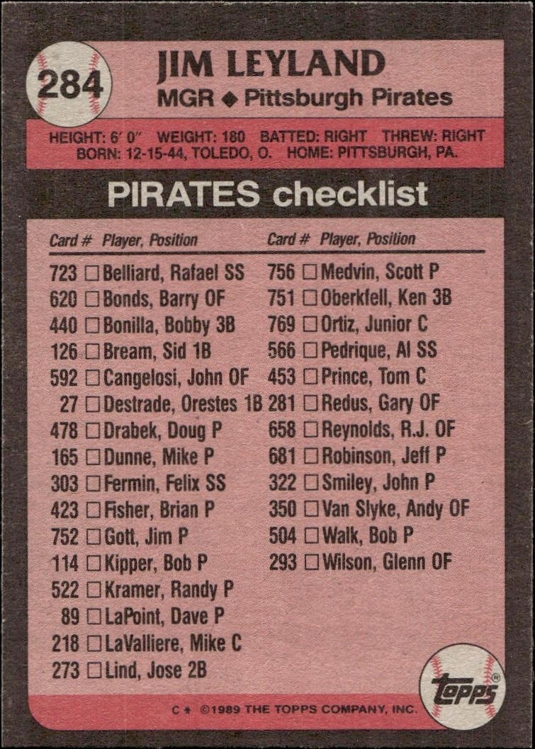 1989 Topps Jim Leyland #284 baseball trading card back
