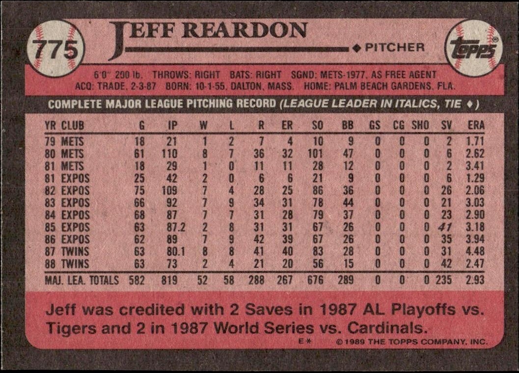 1989 Topps Jeff Reardon #775 baseball trading card back