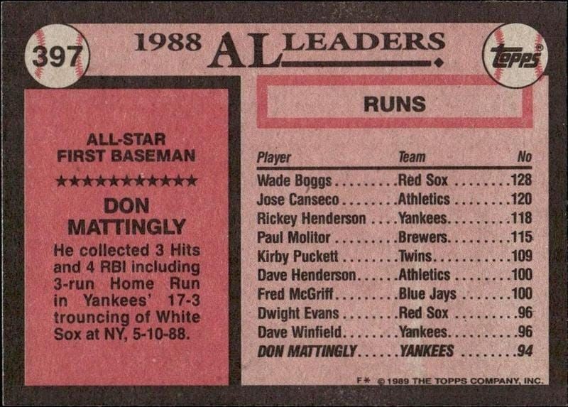 1989 Topps Don Mattingly #397 baseball trading card back