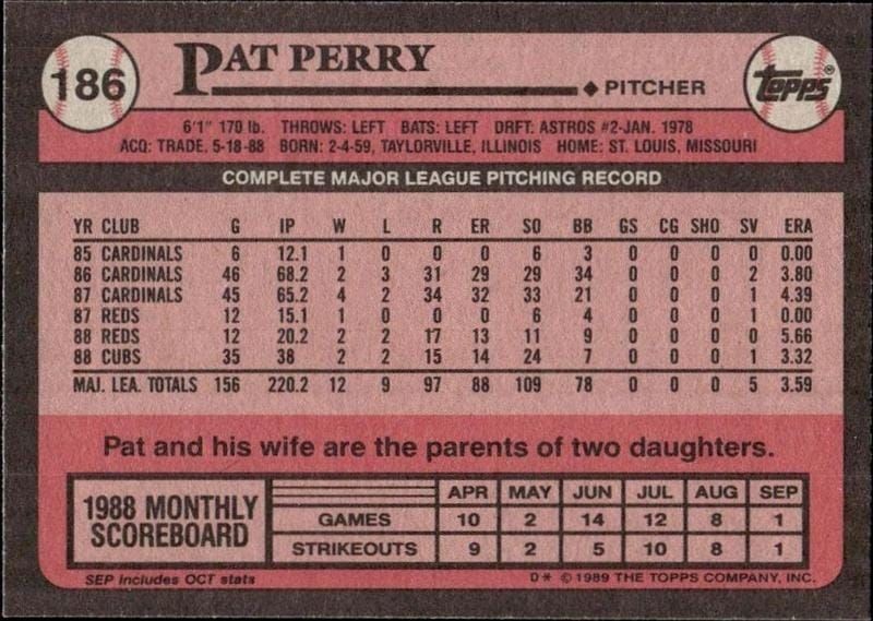 1989 Topps Pat Perry #186 baseball trading card back