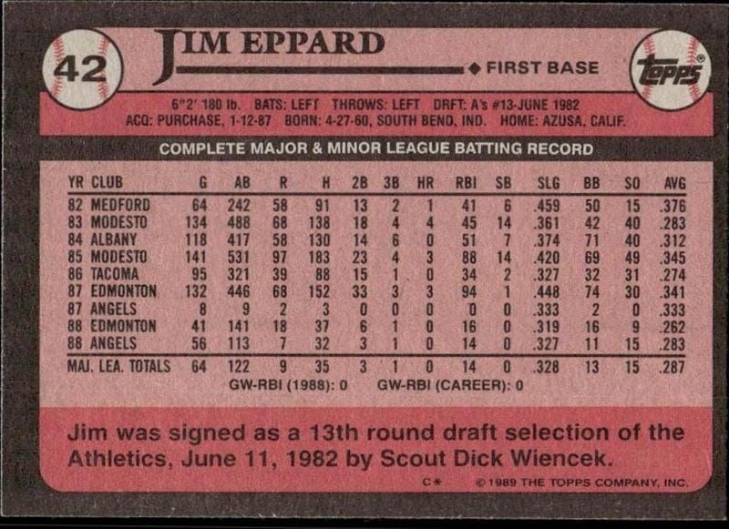1989 Topps Jim Eppard #42 baseball trading card back
