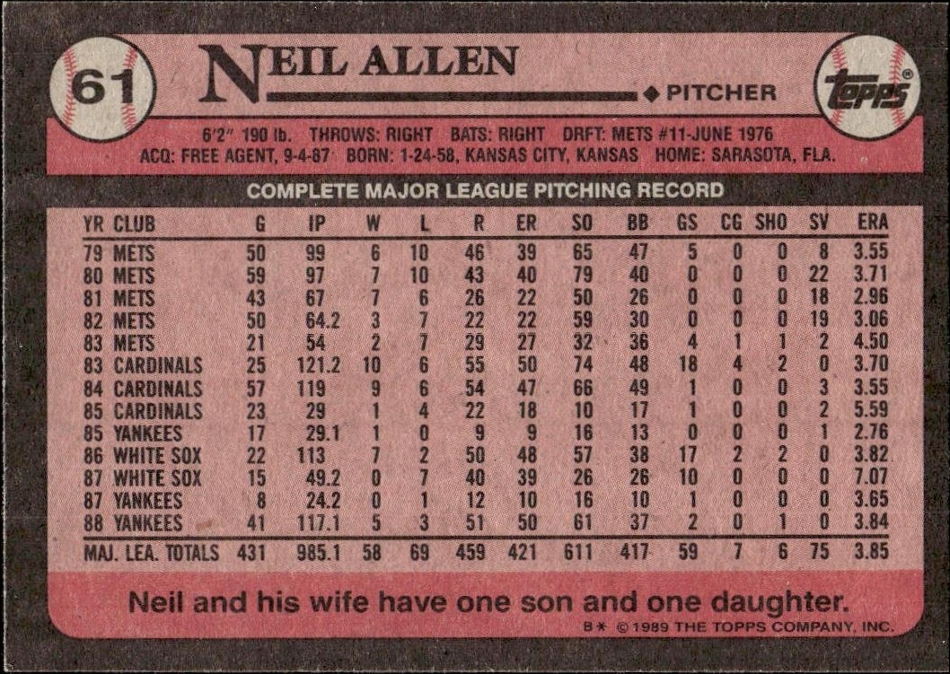 1989 Topps Neil Allen #61 baseball trading card back