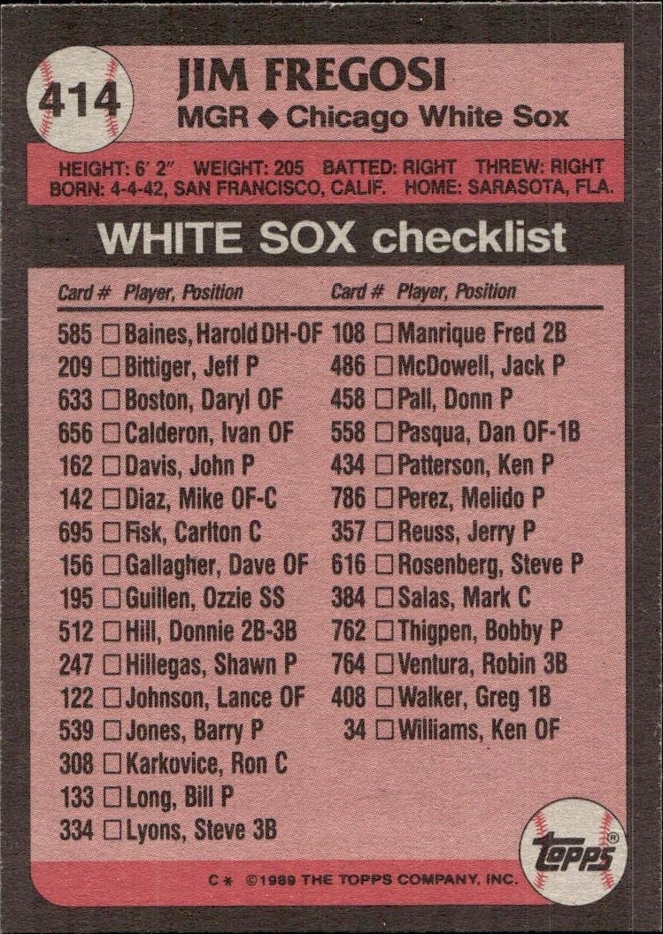 1989 Topps Jim Fregosi #414 baseball trading card back