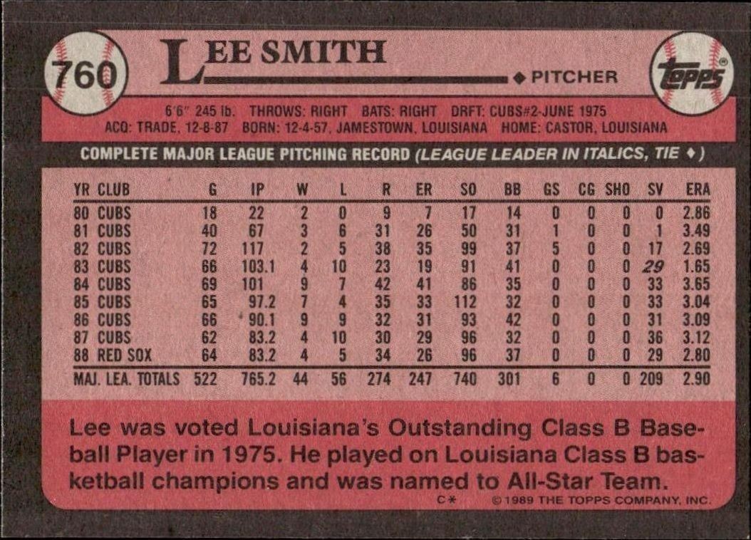 1989 Topps Lee Smith #760 baseball trading card back