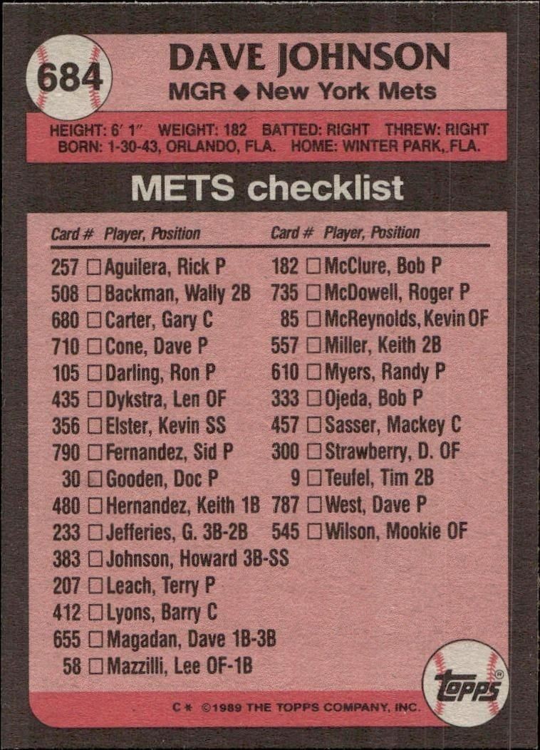 1989 Topps Dave Johnson #684 baseball trading card back