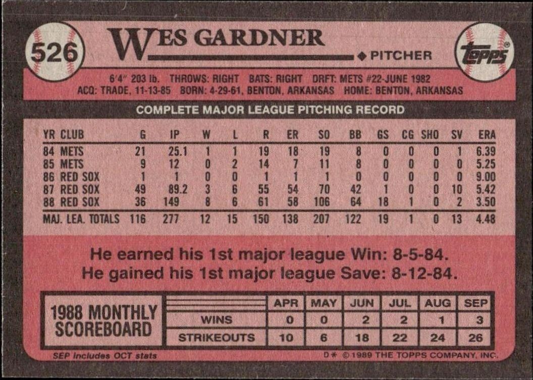 1989 Topps Wes Gardner #526 baseball trading card back
