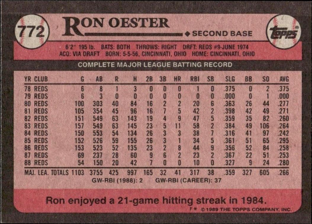 1989 Topps Ron Oester #772 baseball trading card back