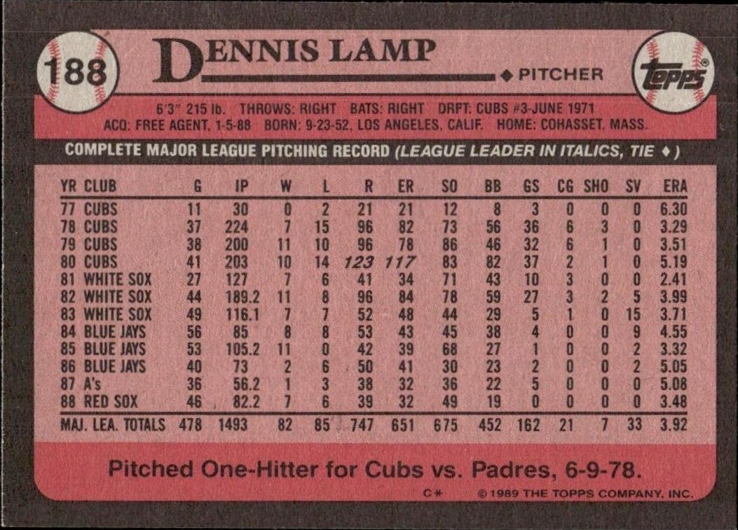 1989 Topps Dennis Lamp #188 baseball trading card back