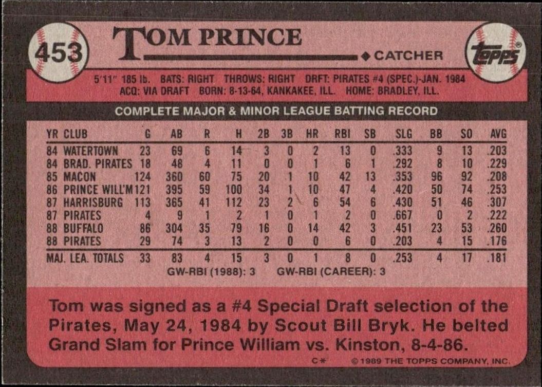 1989 Topps Tom Prince #453 baseball trading card back
