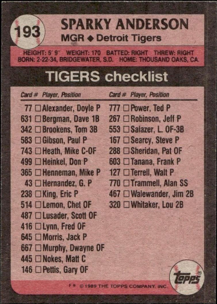 1989 Topps Sparky Anderson #193 baseball trading card back