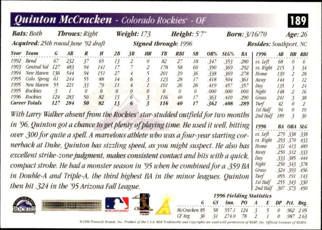 1997 Pinnacle Score Quinton McCracken #10 baseball trading card back