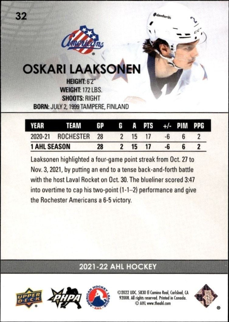 2021-22 Upper Deck Ahl Oskari Laaksonen #32 hockey trading card back