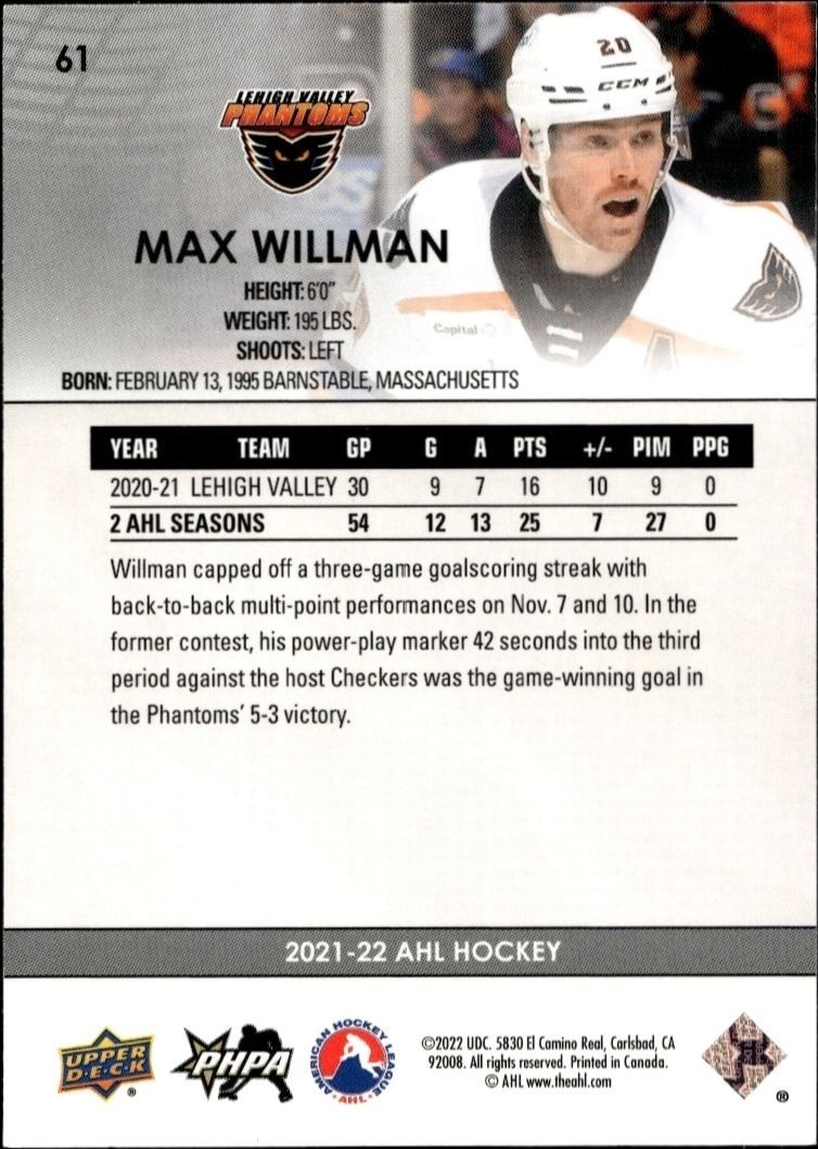 2021-22 Upper Deck Ahl Max Willman #61 hockey trading card back