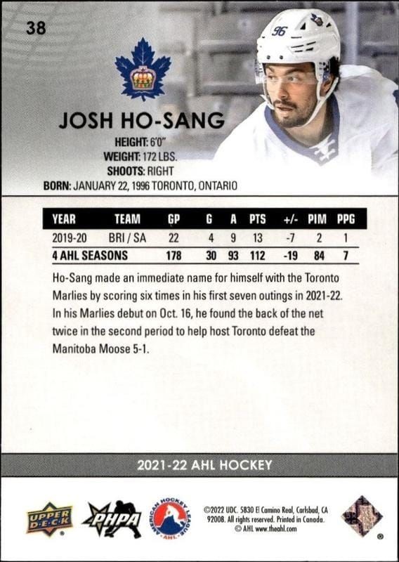 2021-22 Upper Deck Ahl Josh Ho-Sang #38 hockey trading card back