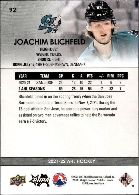 2021-22 Upper Deck Ahl Joachim Blichfeld #92 hockey trading card back