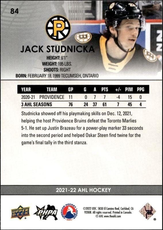 2021-22 Upper Deck Ahl Jack Studnicka #84 hockey trading card back