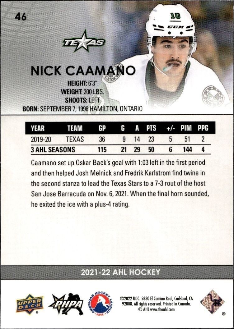2021-22 Upper Deck Ahl Nick Caamano #46 hockey trading card back