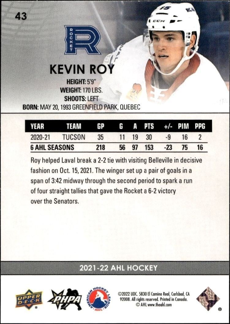 2021-22 Upper Deck Ahl Kevin Roy #43 hockey trading card back