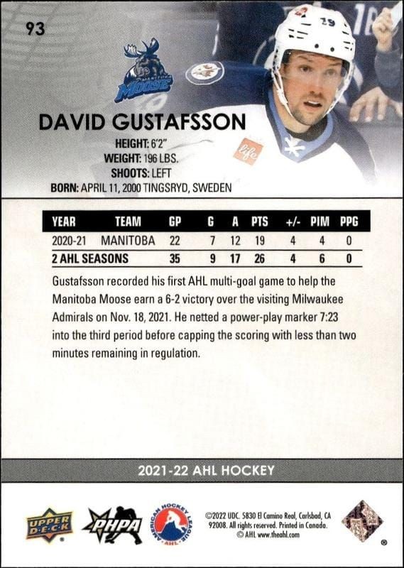 2021-22 Upper Deck Ahl David Gustafsson #93 hockey trading card back