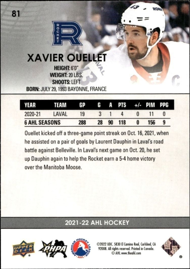 2021-22 Upper Deck Ahl Xavier Ouellet #81 hockey trading card back