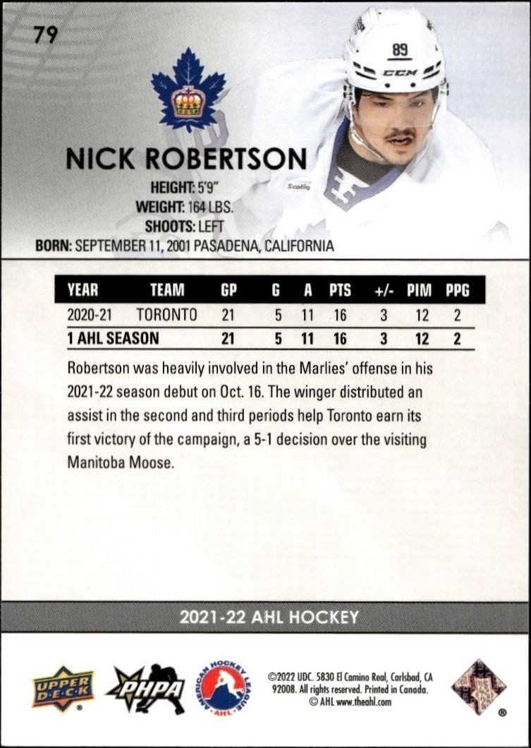 2021-22 Upper Deck Ahl Nick Robertson #79 hockey trading card back
