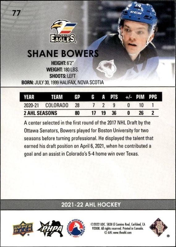 2021-22 Upper Deck Ahl Shane Bowers #77 hockey trading card back